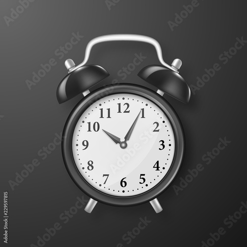 Vector Realistic 3d Black Retro Alarm Clock Closeup on Black Background. Design Template of Vintage Alarm Clock for Graphics, Banners, Advertise. Top View