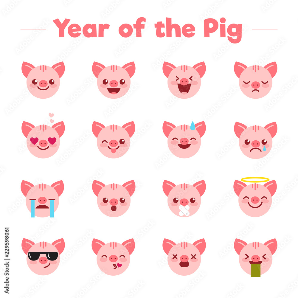 Year of the Pig flat character emoji emoticons set.Different type of funny mascot piglets emojis symbols icons vector illustration Year of the Pig flat character emoji emoticons set.Different type of funny mascot piglets emojis symbols icons vector illustration