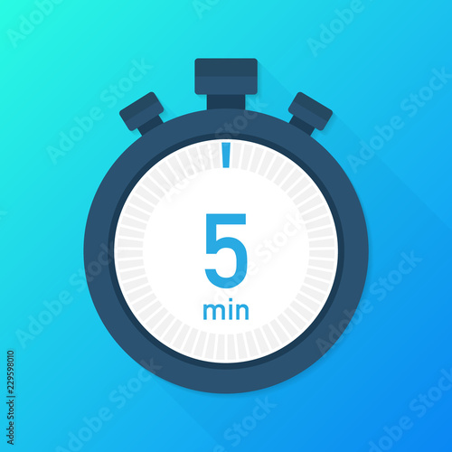 The 5 minutes, stopwatch vector icon. Stopwatch icon in flat style, timer on on color background.  Vector illustration.