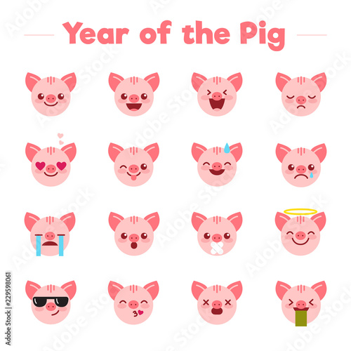 Year of the Pig flat character emoji emoticons set.Different type of funny mascot piglets emojis symbols icons vector illustration