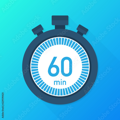 The 60 minutes, stopwatch vector icon. Stopwatch icon in flat style, timer on on color background.  Vector illustration.