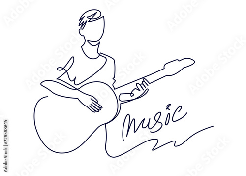 continuous line drawing of musician plays acoustic guitar vector illustration isolated on white. Musical concept for decoration, design, invitation jazz festival, music shop