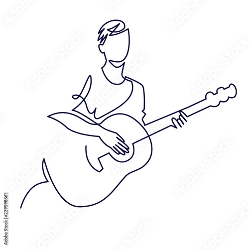 continuous line drawing of musician plays acoustic guitar vector illustration isolated on white. Musical concept for decoration, design, invitation jazz festival, music shop