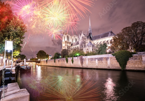 Notre Dame cathedral over the Seine river illuminated at night with fireworks, Paris, France photo