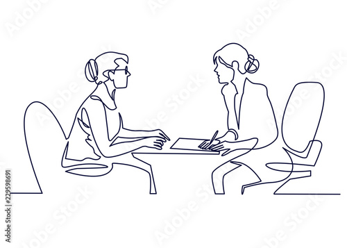 Job interview - vector modern simple one line design composition with recruiter and candidate. Continuous Line Drawing of Two women are talking at the table.