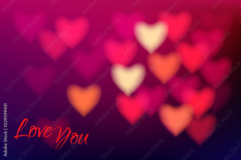 Heart shape bokeh light background. Love you dark pink blurred background