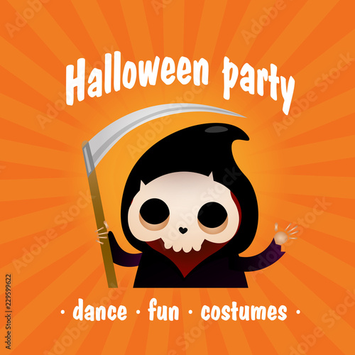 Halloween party with cartoon skeleton orange invitation. Creative lettering with skeleton on orange background. Can be used for invitations, postcards, banners