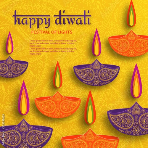 Greeting card for Diwali festival celebration in India. Vector illustration