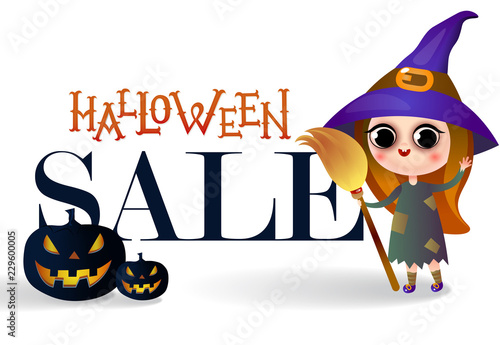 Halloween sale with cartoon witch banner design. Creative lettering with cartoon witch character, pumpkin and bat on white  background. Can be used for seasonal sale, shops, banners, advertisement