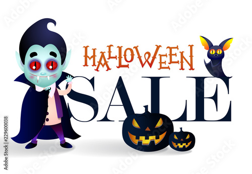 Halloween sale with Dracula banner design. Creative lettering with cartoon Dracula, pumpkin and bat on white  background. Can be used for seasonal sale, shops, banners, advertisement