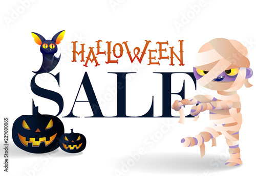 Halloween sale with mummy boy banner design. Creative lettering with cartoon mummy boy, pumpkin and bat on white  background. Can be used for seasonal sale, shops, banners, advertisement
