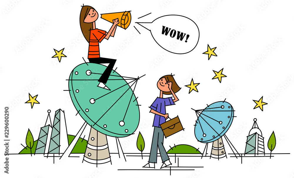 Εκτύπωση καμβά Woman sitting on a satellite dish and other one standing near it