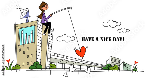Woman sitting on a building and holding a fishing rod with a heart shape
