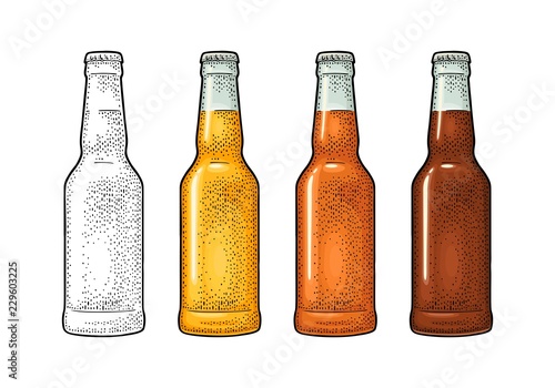 Close bottle with three types beer. Vintage color vector engraving illustration.