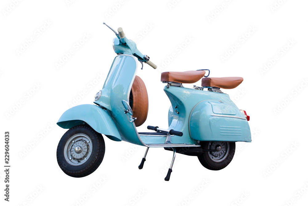 Light blue vintage motorcycle scooter isolated in white background.  Adorable old scooter in perfect condition. Photos | Adobe Stock