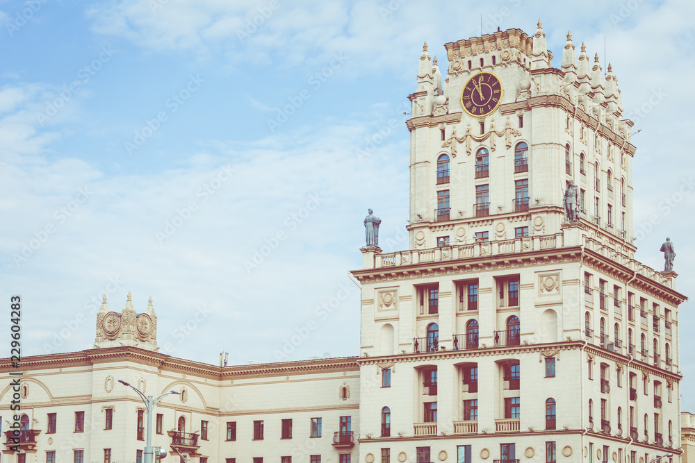 Obraz premium Detailed view of The Gates Of Minsk. Soviet Heritage. Famous Landmark. Station Square. Minsk. Belarus.