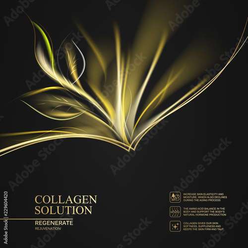 Beautiful abstract golden lights over black background. Green tree leaves. Vector illustration.