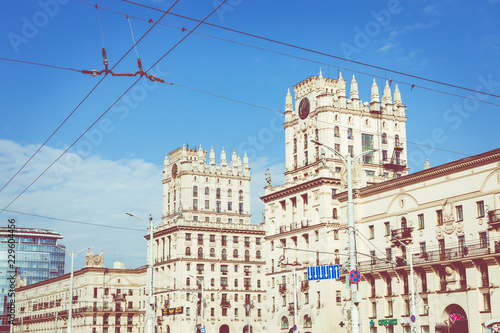 MINSK, BELARUS - SEPTEMBER 11, 2018: Detailed view of The Gates Of Minsk. Soviet Heritage. Famous Landmark. Station Square. Minsk. Belarus. photo