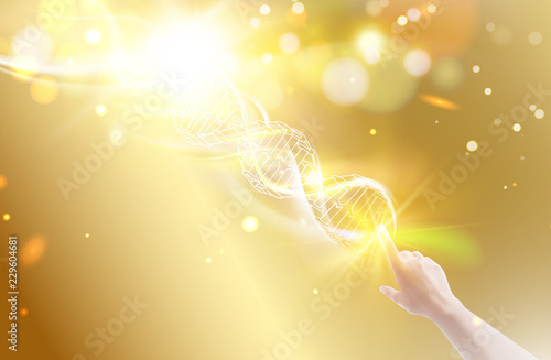 Science illustration of DNA. Gene engineering and manipulation concept. The human hand is changing part of a DNA molecule. Vector illustration.