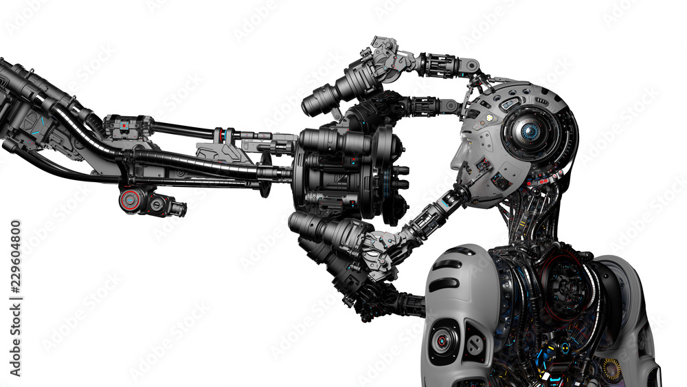 Futuristic Robot Man or cyborg is being constructed by robotic arms or mechanical hands. Isolated on white background. 3D Render.