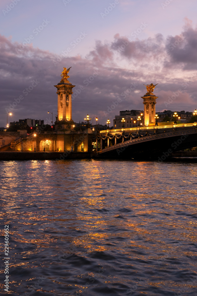 famous Alexandre III Bridge over Seine river illuminated at violet twilights, Paris, France