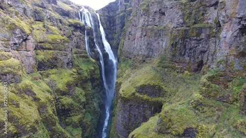 Glymur waterfall in Iceland aerial shot.  photo