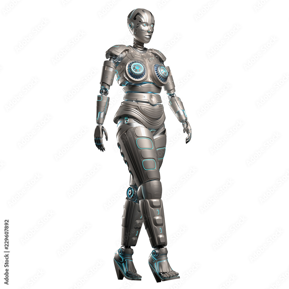 Robot Woman or Female Cyborg walking on white background. 3D render