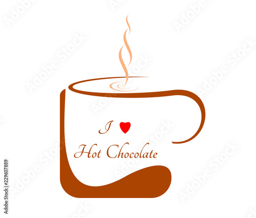 A cup of hot chocolate - brown mug on a white background. The inscription with the heart: I love hot chocolate