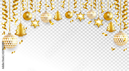 Christmas balls and serpentine on transparent background. Vector illustration.