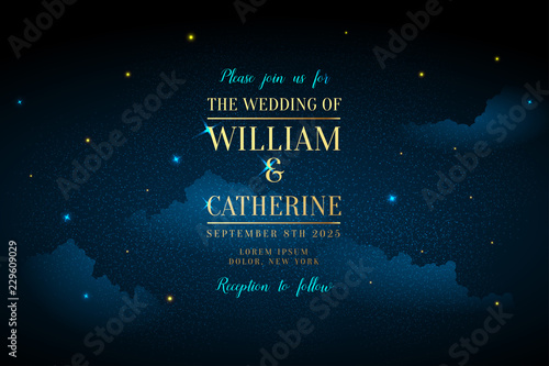 Magic night dark blue sky with sparkling stars vector wedding invitation. Andromeda galaxy. Gold glitter powder splash background. Golden scattered dust. Midnight milky way. Fairytale magic card.