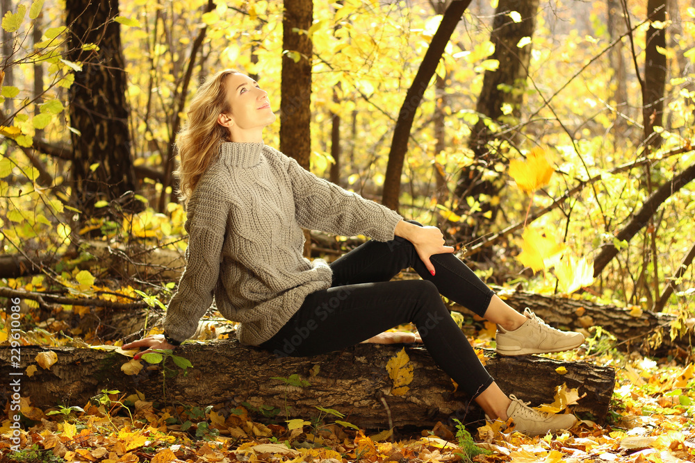 Young beautiful girl in a knitted sweater on the background of autumn park with fallen leaves Young beautiful girl in a knitted sweater on the background of autumn park with fallen leaves