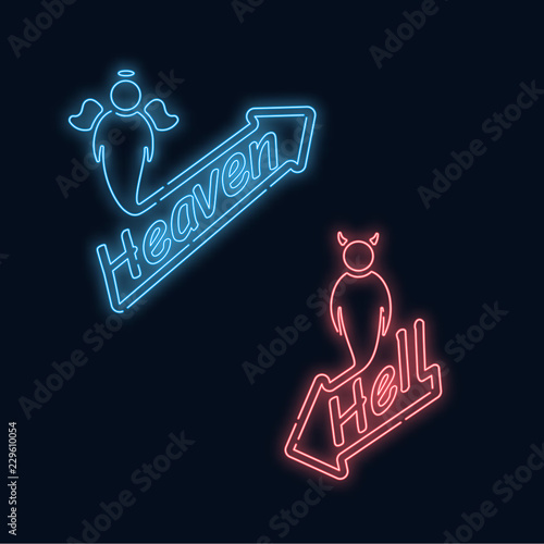 Neon signs, heaven or hell. Red and blue pointers.