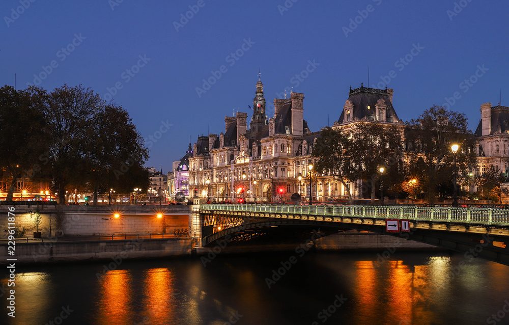 The City hall of Paris at night - France, France.