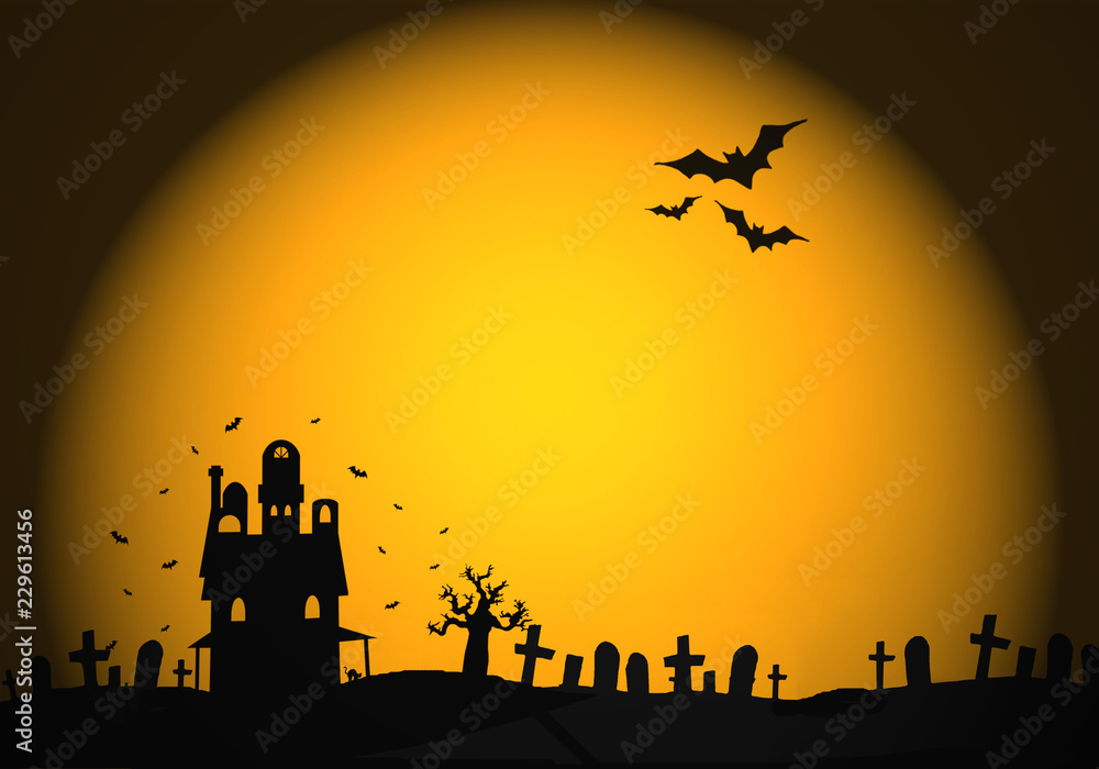 Halloween, castillo, cementerio y sol. Fondo iluminado para escribir texto