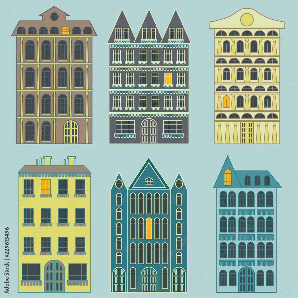 Set of colorful city apartment buildings