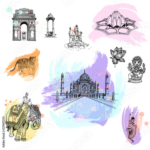 Set of hand drawn sketch style India themed objects isolated on white background. Vector illustration.