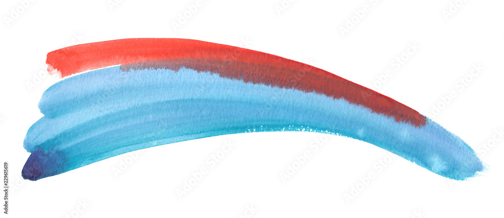 Bright orange and blue curved double brush stroke painted in watercolor on clean white background Bright orange and blue curved double brush stroke painted in watercolor on clean white background