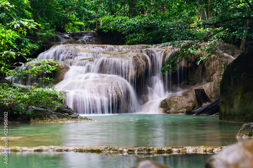 The stunning and beautiful Erawan waterfalls near Kanchanaburi located a little north west of Bangkok in Thailand. 