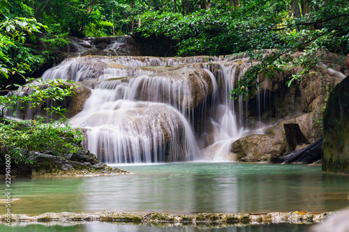 Fototapeta Naklejka Na Ścianę i Meble -  The stunning and beautiful Erawan waterfalls near Kanchanaburi located a little north west of Bangkok in Thailand. 