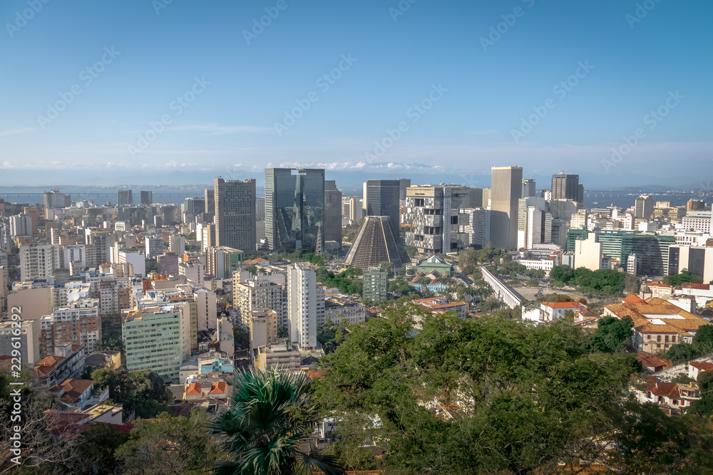 Aerial view of downtown Rio de Janeiro skyline and Metropolitan Cathedral - Rio de Janeiro, Brazil
