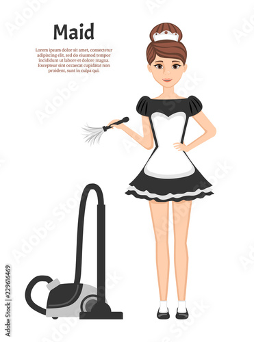 Uniformed maid and vacuum cleaner. Isolated on white background. Vector illustration.