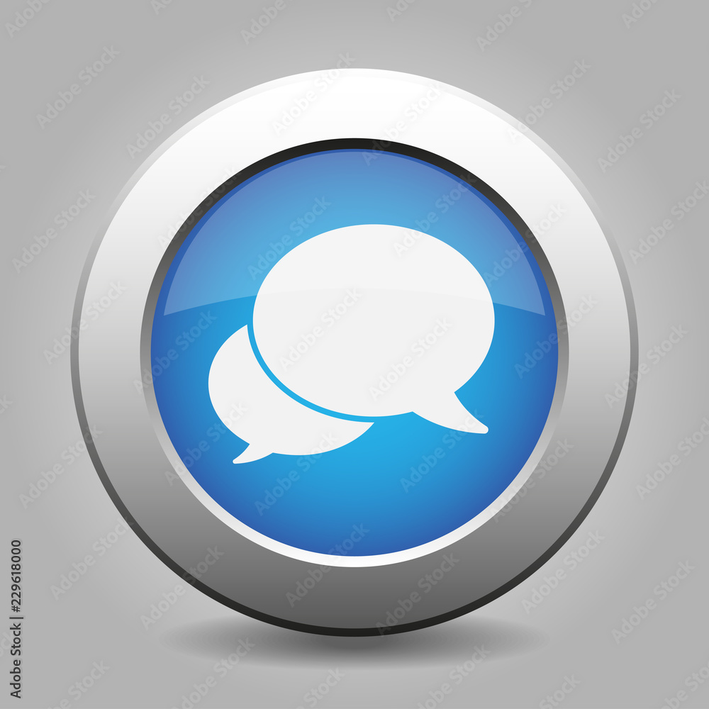 blue metal button, two white speech bubbles icon blue metal button, two white speech bubbles icon