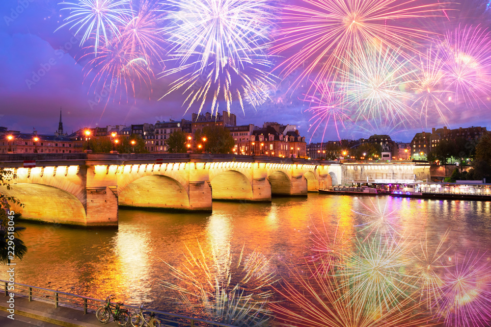 Pont Neuf and Cite island illuminated at night with fireworks, Paris, France