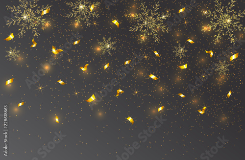 Gold glitter snowflakes and confetti background. Falling snow. Vector illustration. © artnata