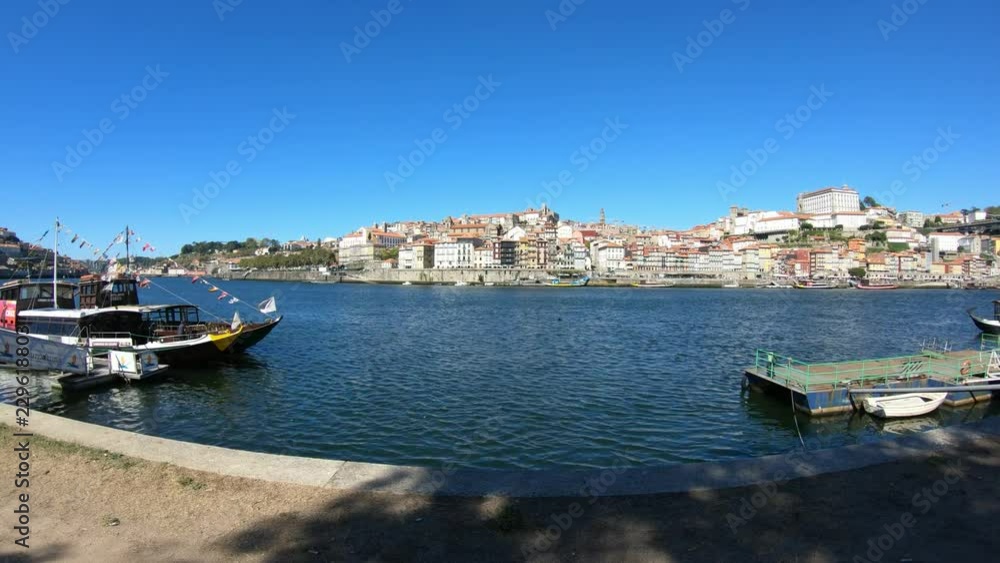 Oporto/Portugal - 10/02/2018 :Detailed view of river Douro, with center of the city of Porto as background, recreational boats for people tours, in Portugal Oporto/Portugal - 10/02/2018 :Detailed view of river Douro, with center of the city of Porto as background, recreational boats for people tours, in Portugal