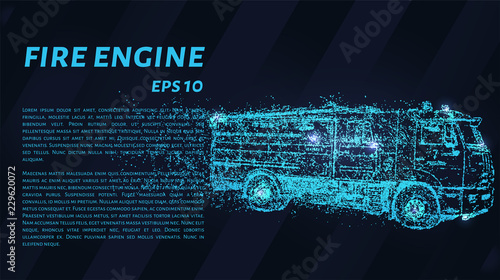 A fire truck made of particles. Vector illustration. The fire truck is falling apart.