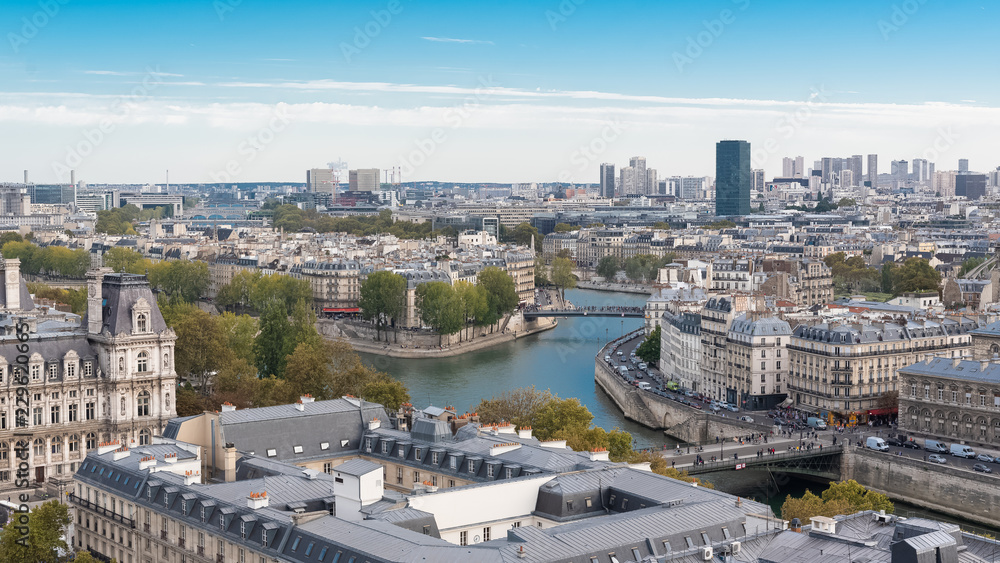 Paris, panorama of the city hall and the Saint-Louis bridge, view from the Saint Jacques tower 
