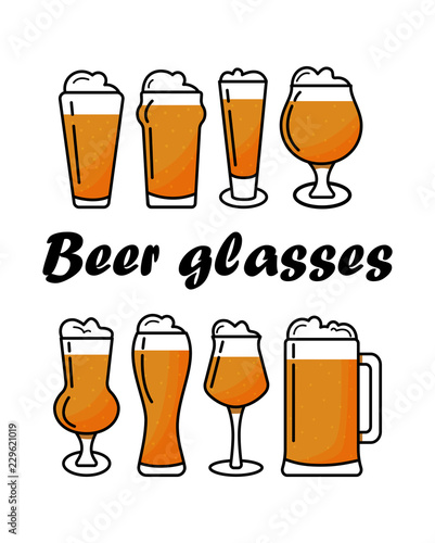 Bar collection of the  beer mugs and glasses in flat style isolated on white background. Vector illustration.