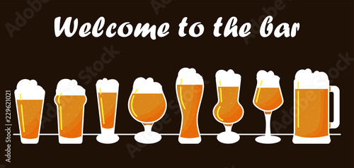 Bar collection of the  beer mugs and glasses in flat style isolated on dark background. Vector illustration.