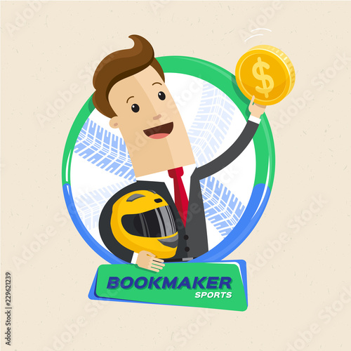 Bookmaker man with helmet and money. Motor Sports Betting. Vector flat